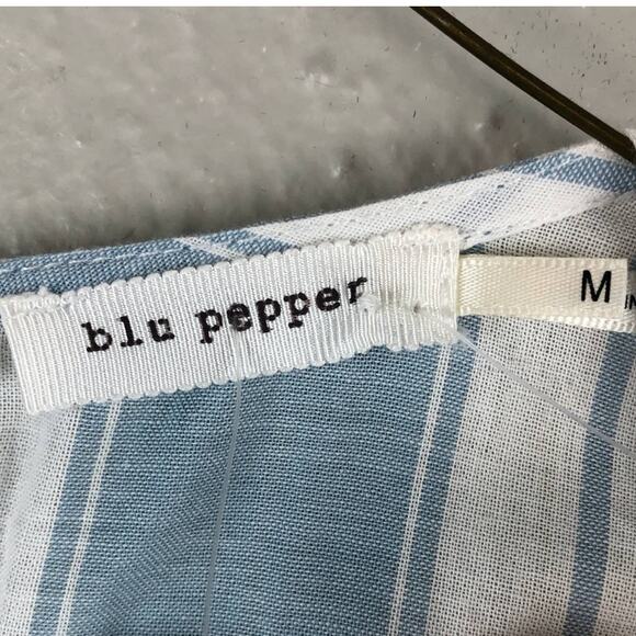 Blu Pepper Blue White Striped Embroidered Floral Deep V Neck Sleeveless Romper - Picture 2 of 6